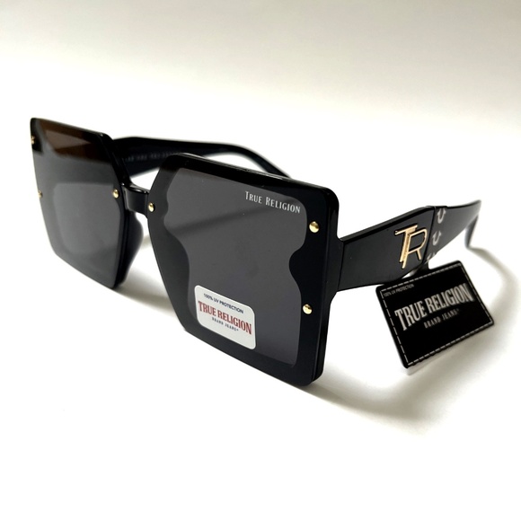 New Original TRUE RELIGION Square Sunglasses Oversized Acetate Black Studded - Picture 1 of 6